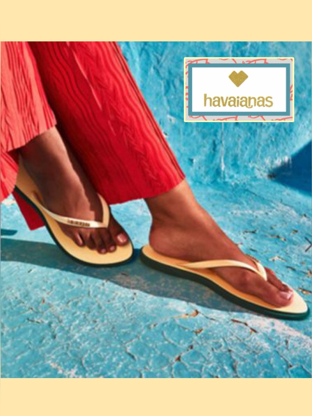 NWT Havaianas Slim Point Rubber Flip Flops Butter Yellow/Forest Green/Gold 9/10